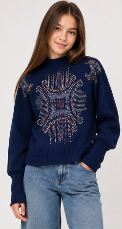 Girls rhinestone patterned tunic sweater blue