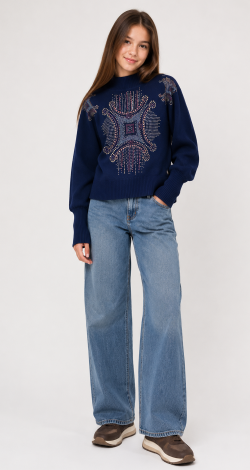 Girls rhinestone patterned tunic sweater blue