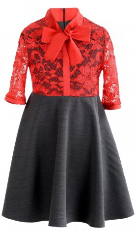 Элегантное платье серого цвета с красным кружевом