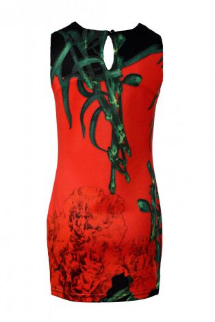 Эффектное платье красного цвета с гвоздиками