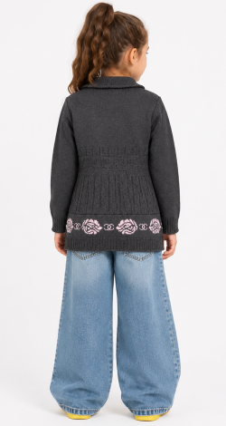 Girls knitted patterned buttoned cardigan with belt grey
