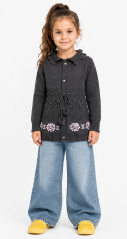 Girls knitted patterned buttoned cardigan with belt grey