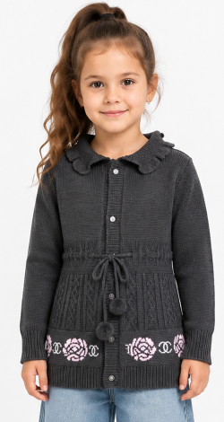 Girls knitted patterned buttoned cardigan with belt grey