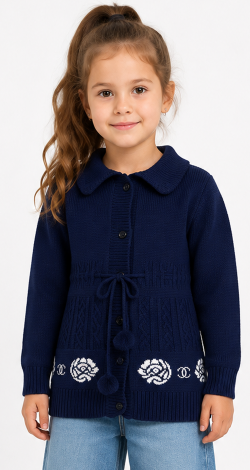 Girls knitted patterned buttoned cardigan with belt blue