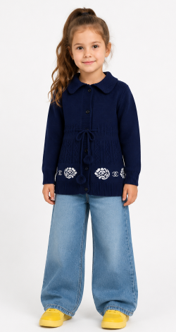 Girls knitted patterned buttoned cardigan with belt blue