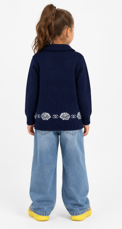 Girls knitted patterned buttoned cardigan with belt blue