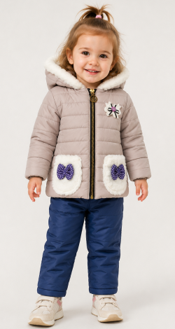 Beige hooded jacket with faux fur trim for girls