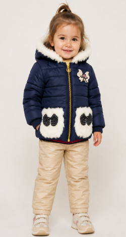 Blue hooded jacket with faux fur trim for girls