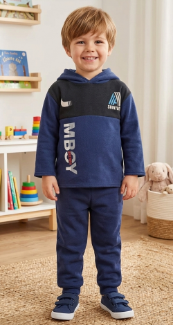 Toddler Boy 3 Years Navy Blue Tracksuit, Sporty Tri-Color Hoodie and Joggers 2-Piece Knit Clothing Set