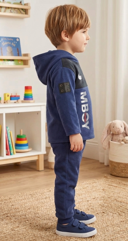 Toddler Boy 3 Years Navy Blue Tracksuit, Sporty Tri-Color Hoodie and Joggers 2-Piece Knit Clothing Set