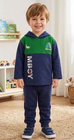 Toddler Boy 3 Years Navy Blue and Green Tracksuit, Sporty Tri-Color Hoodie and Sweatpants 2-Piece Clothing Set