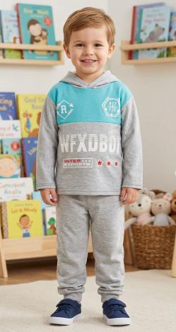 Toddler Boy 3 Years Gray and Blue Tracksuit, Cotton Hoodie and Sweatpants 2-Piece Everyday Sport Suit