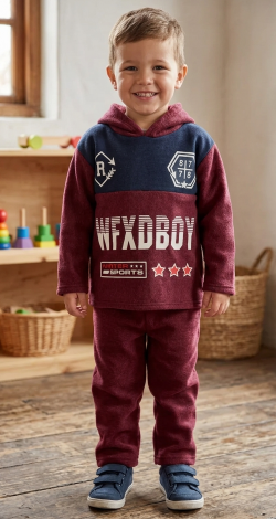 Toddler Boy 3 Years Fleece Tracksuit, Burgundy Winter Hoodie and Sweatpants 2-Piece Sport Suit
