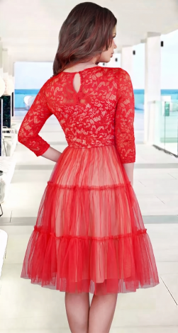 Red Guipure Lace Cocktail Midi Dress with Voluminous Tiered Tulle Skirt