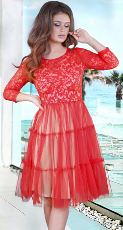 Red Guipure Lace Cocktail Midi Dress with Voluminous Tiered Tulle Skirt