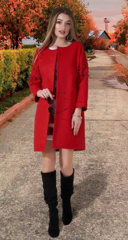 Кашемировое пальто с жемчугом , красное