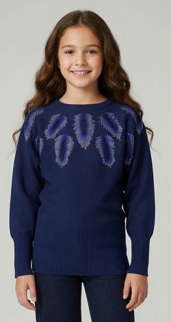 Girls rhinestone decorated tunic sweater blue