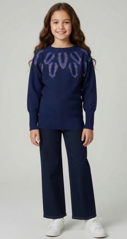 Girls rhinestone decorated tunic sweater blue