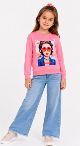 Girls pink sweatshirt with girl in glasses print