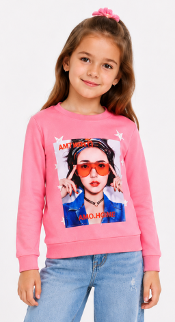 Girls pink sweatshirt with girl in glasses print