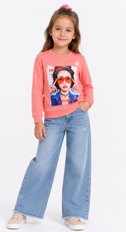 Girls powder pink sweatshirt with girl in glasses print