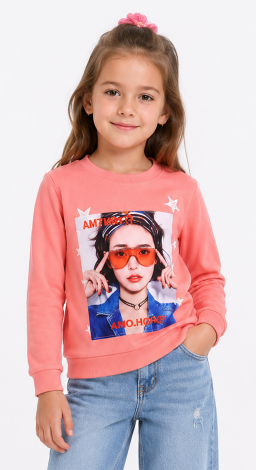 Girls powder pink sweatshirt with girl in glasses print