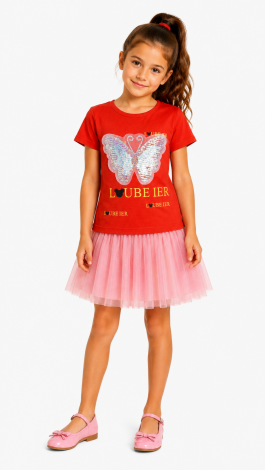 Girls printed reversible sequin rainbow butterfly t-shirt red