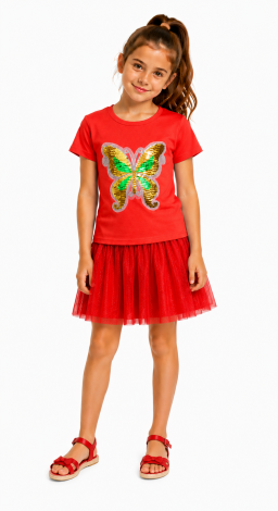 Girls printed reversible sequin multicolored butterfly t-shirt red