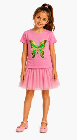 Girls printed reversible sequin multicolored butterfly t-shirt pink