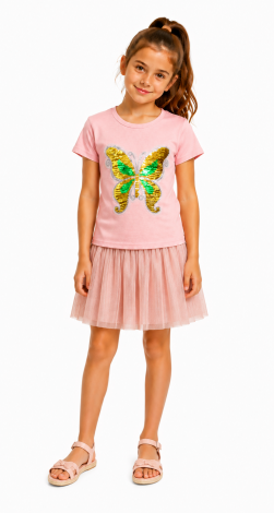 Girls printed reversible sequin multicolored butterfly t-shirt powder pink