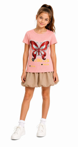 Girls printed reversible sequin butterfly t-shirt powder pink