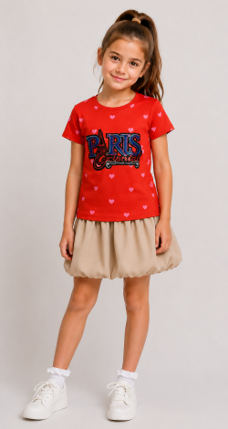 Girls red t-shirt with Paris print and sequins