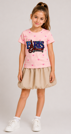 Girls powder pink t-shirt with Paris print and sequins