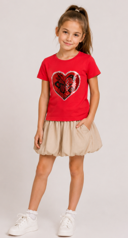 Girls red t-shirt with heart reversible sequins and butterfly