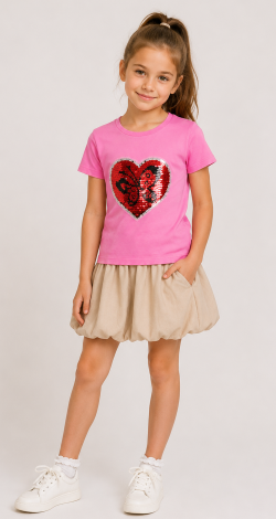 Girls pink t-shirt with heart reversible sequins and butterfly
