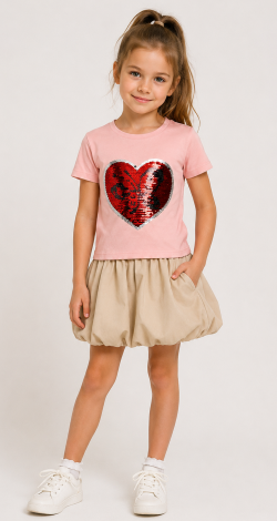 Girls powder pink t-shirt with heart reversible sequins and butterfly