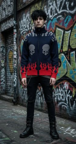 Синий кардиган на молнии с черепами и пламенем «Hellfire Skull»