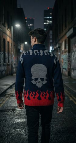 Синий кардиган на молнии с черепами и пламенем «Hellfire Skull»