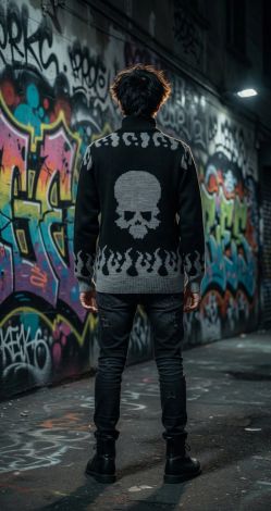 Черный кардиган на молнии с черепами и пламенем «Hellfire Skull»