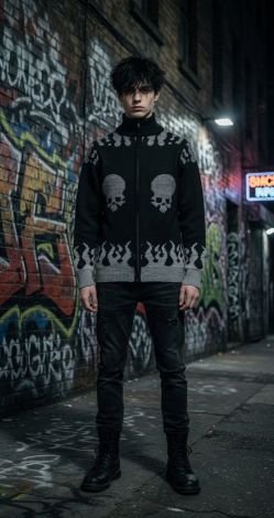 Черный кардиган на молнии с черепами и пламенем «Hellfire Skull»