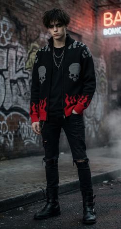 Черный кардиган на молнии с черепами и пламенем «Hellfire Skull»