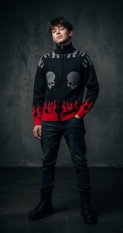 Черный кардиган на молнии с черепами и пламенем «Hellfire Skull»