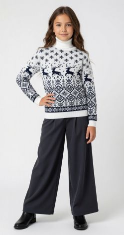 Kids and Teen Sweater with Deer in White and Blue for Girl: Festive Christmas Design