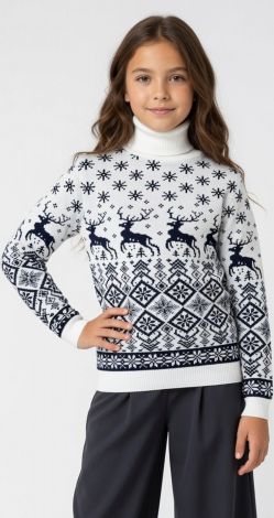 Kids and Teen Sweater with Deer in White and Blue for Girl: Festive Christmas Design