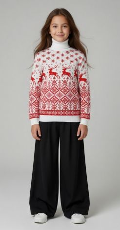 Kids and Teen Sweater with Deer in White and Red for Girl: Festive Christmas Design