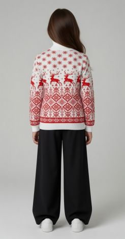 Kids and Teen Sweater with Deer in White and Red for Girl: Festive Christmas Design