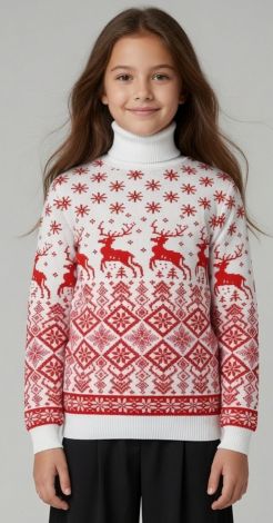 Kids and Teen Sweater with Deer in White and Red for Girl: Festive Christmas Design