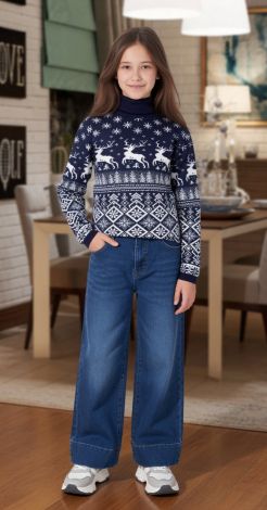 Kids and Teen Sweater with Deer in Blue for Girl: Festive Christmas Design