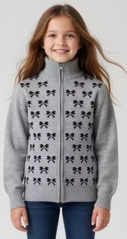Gray zip-up sweater with bows for girls