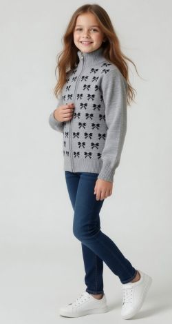 Gray zip-up sweater with bows for girls